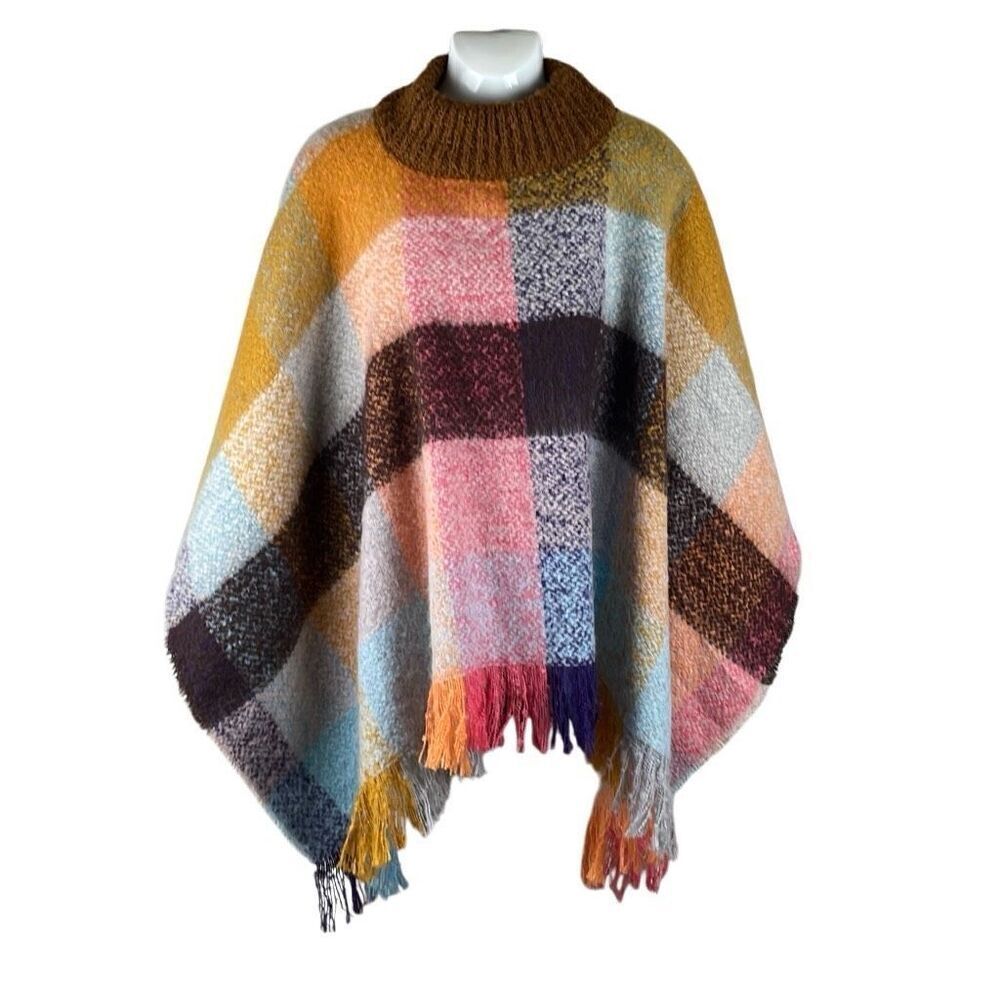 NEW Spring Colors Plaid Fringe Trim Poncho OS